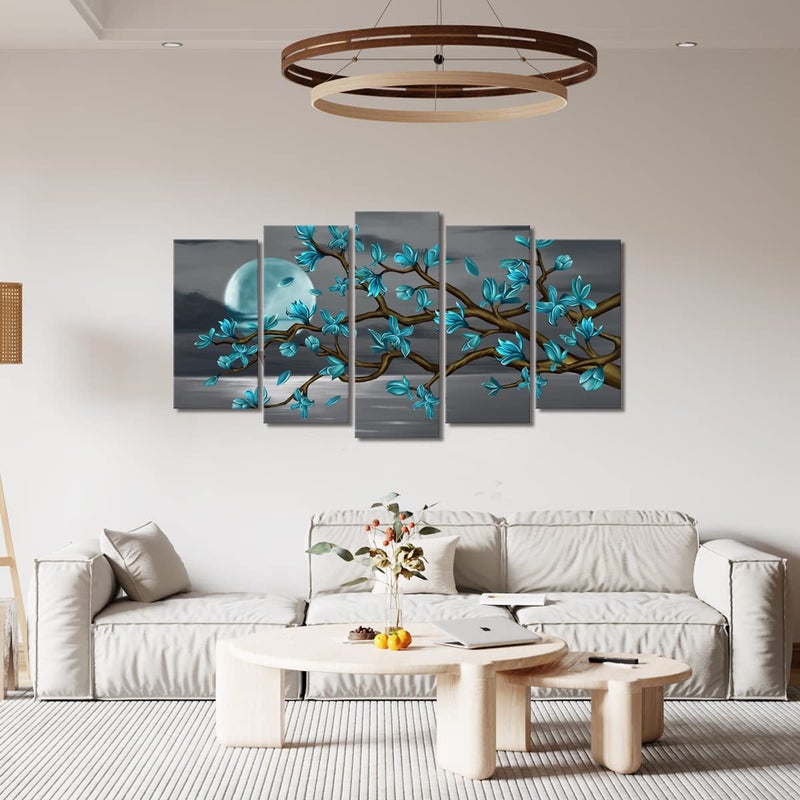 Visual Art Decor Turquoise Flower Tree Wall Art Large Canvas Wall Art Framed for Living Room Bedroom Teal Bedroom Decoration, Large 5 Pieces, Overall 60inchx32inch - Image 2